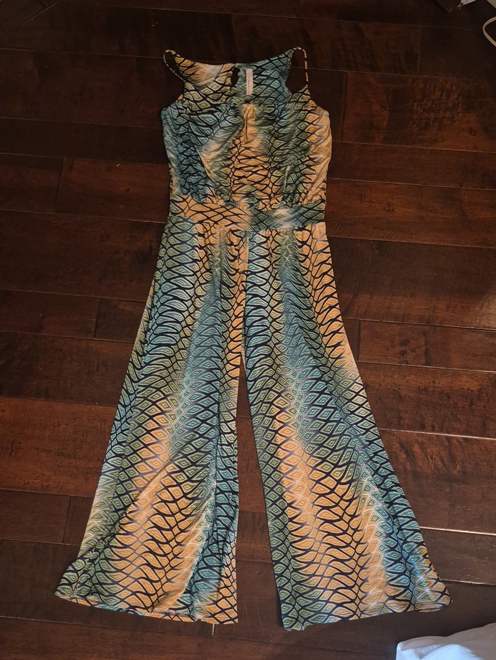 S-Twelve Sleeveless Wide-Leg Jumpsuit in Teal and Tan Diamond Print